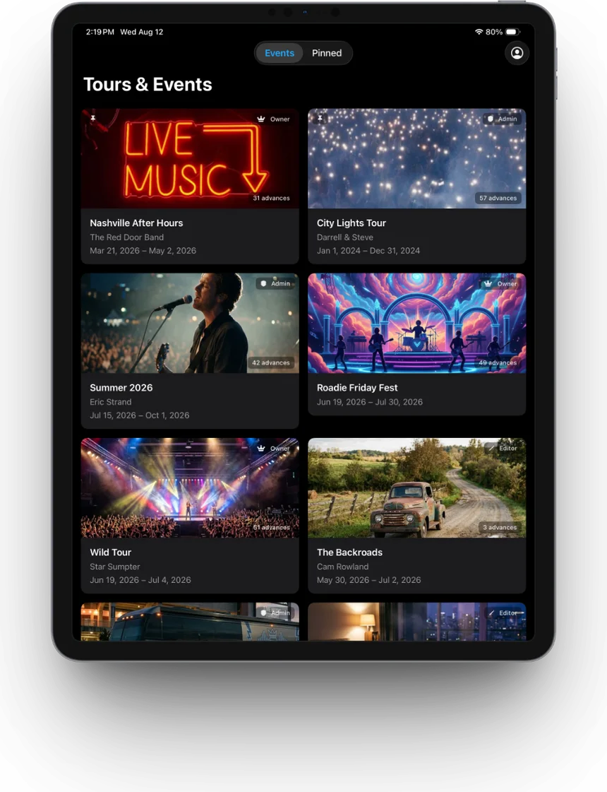 AWM Go on iPad showing the Tours & Events grid