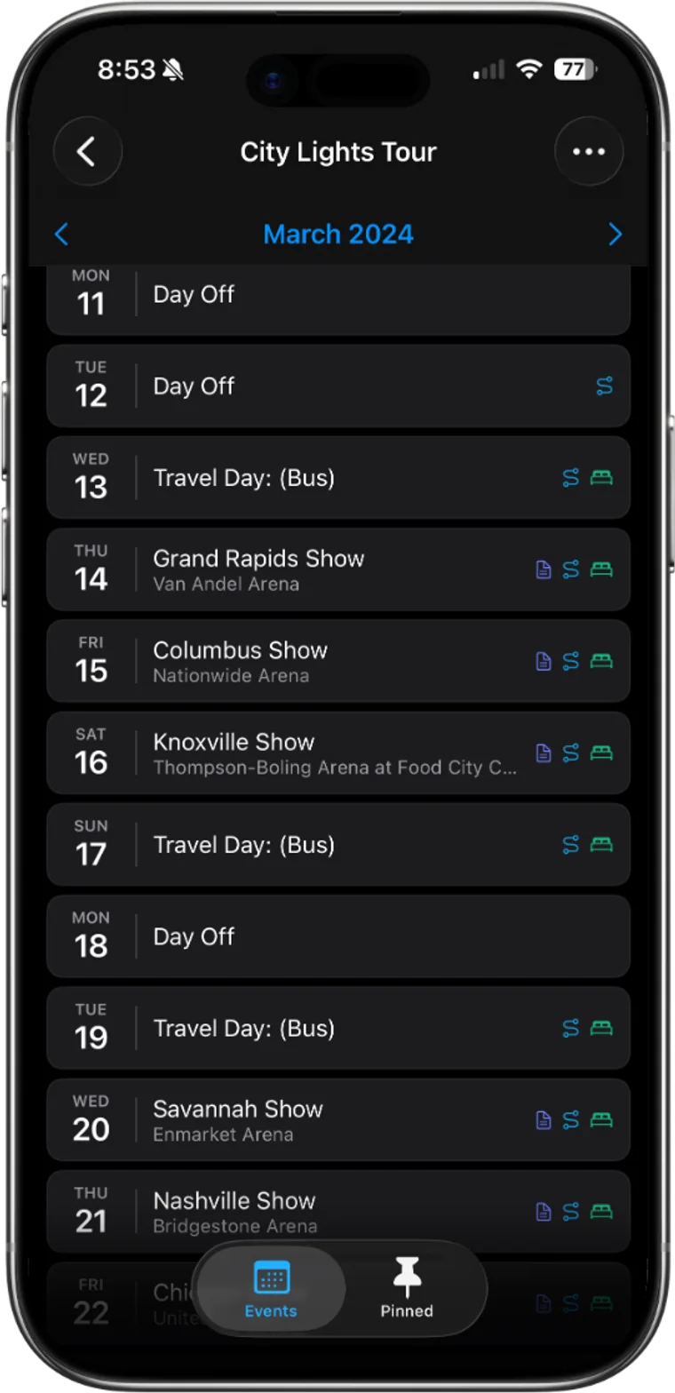 AWM Go on iPhone showing a tour month of shows, travel days, and days off