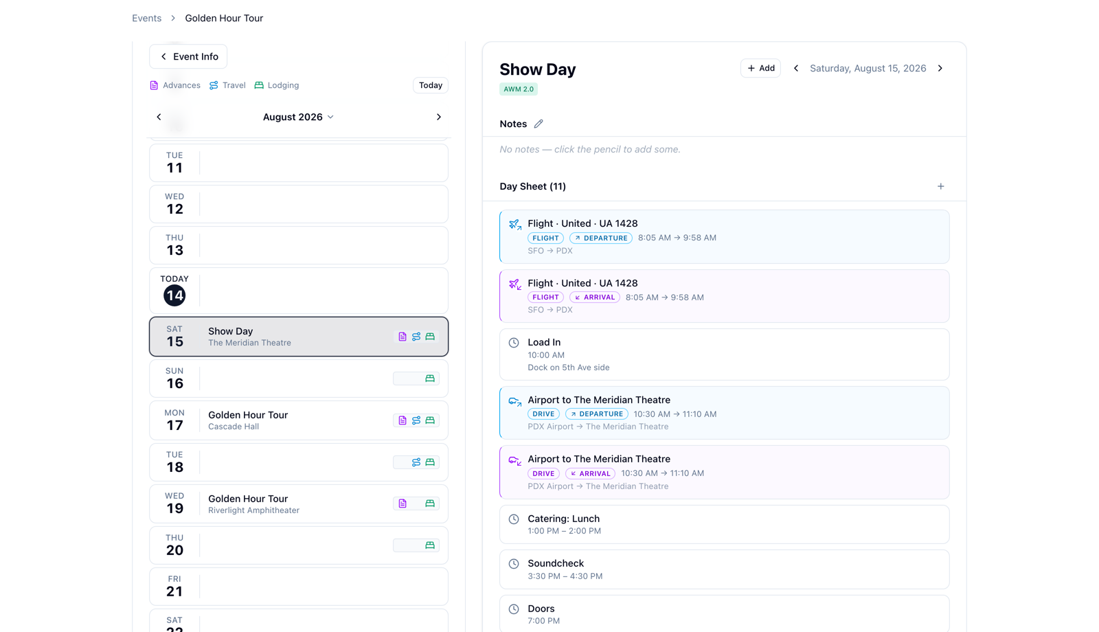 The event calendar and day detail view in Advance with Me, with a Show Day daysheet merging schedule items, flights, and drives