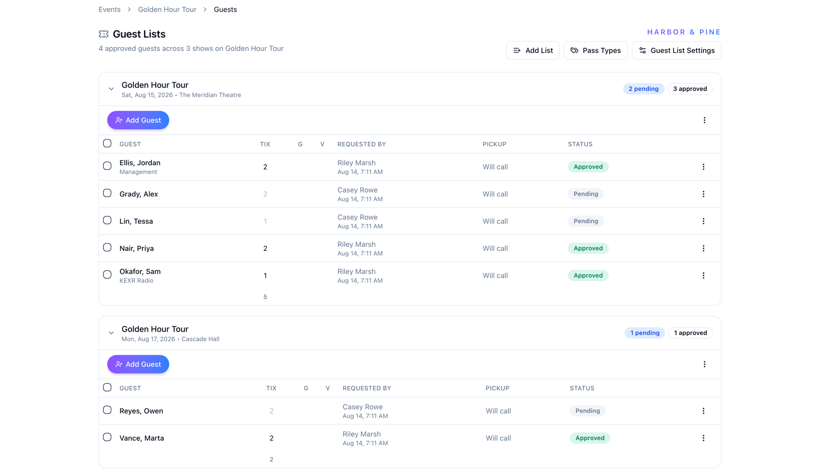 The Guest Lists page in Advance with Me, showing per-show lists with pending and approved passes