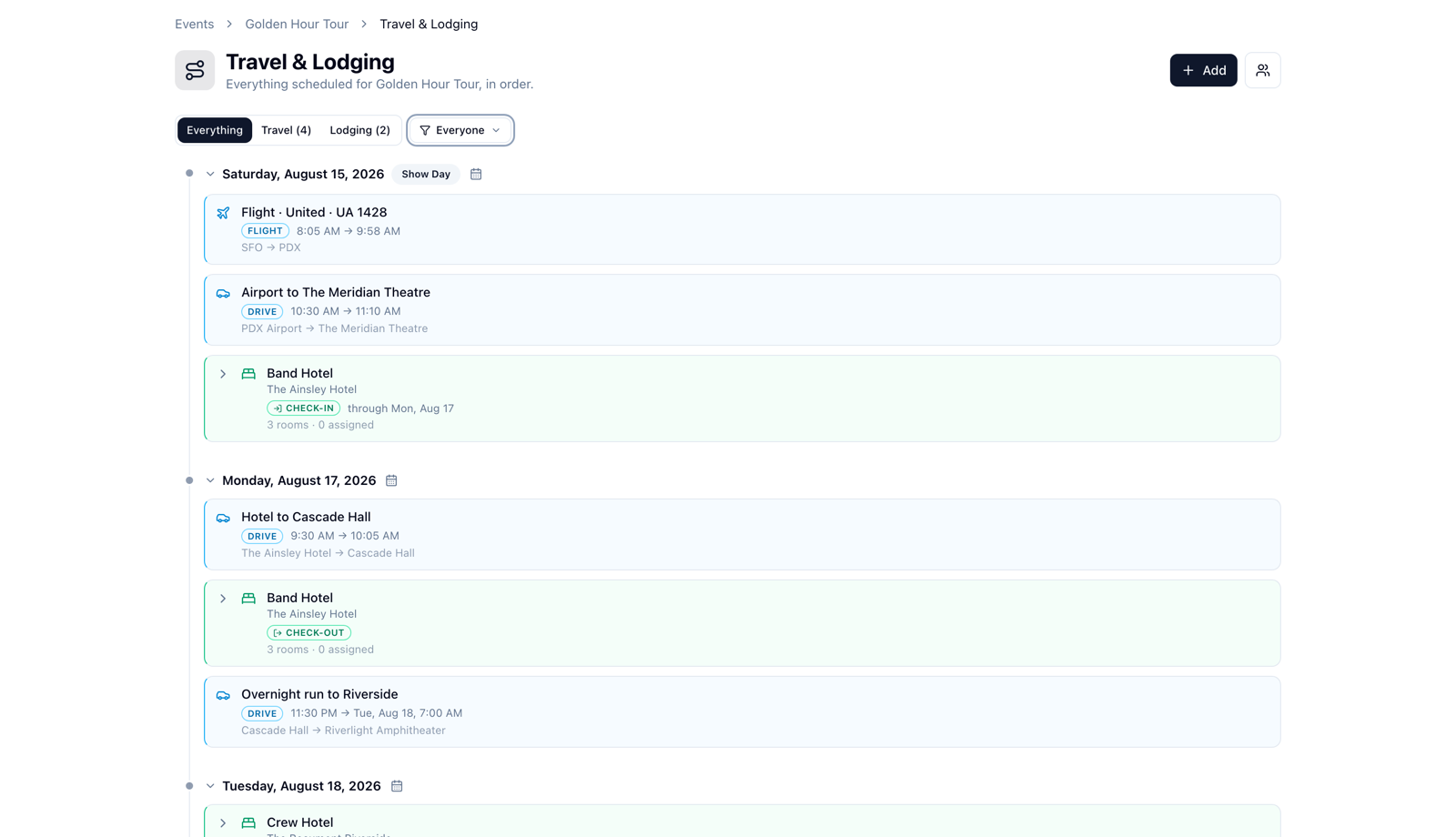 The Travel & Lodging timeline in Advance with Me, showing a flight, drives, and hotel stays grouped by day